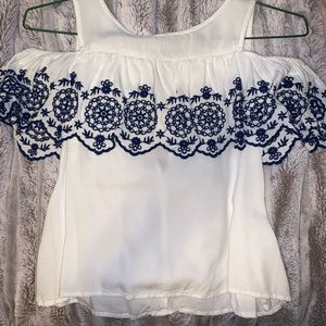 White Cold Shoulder Tank with Navy Detailing